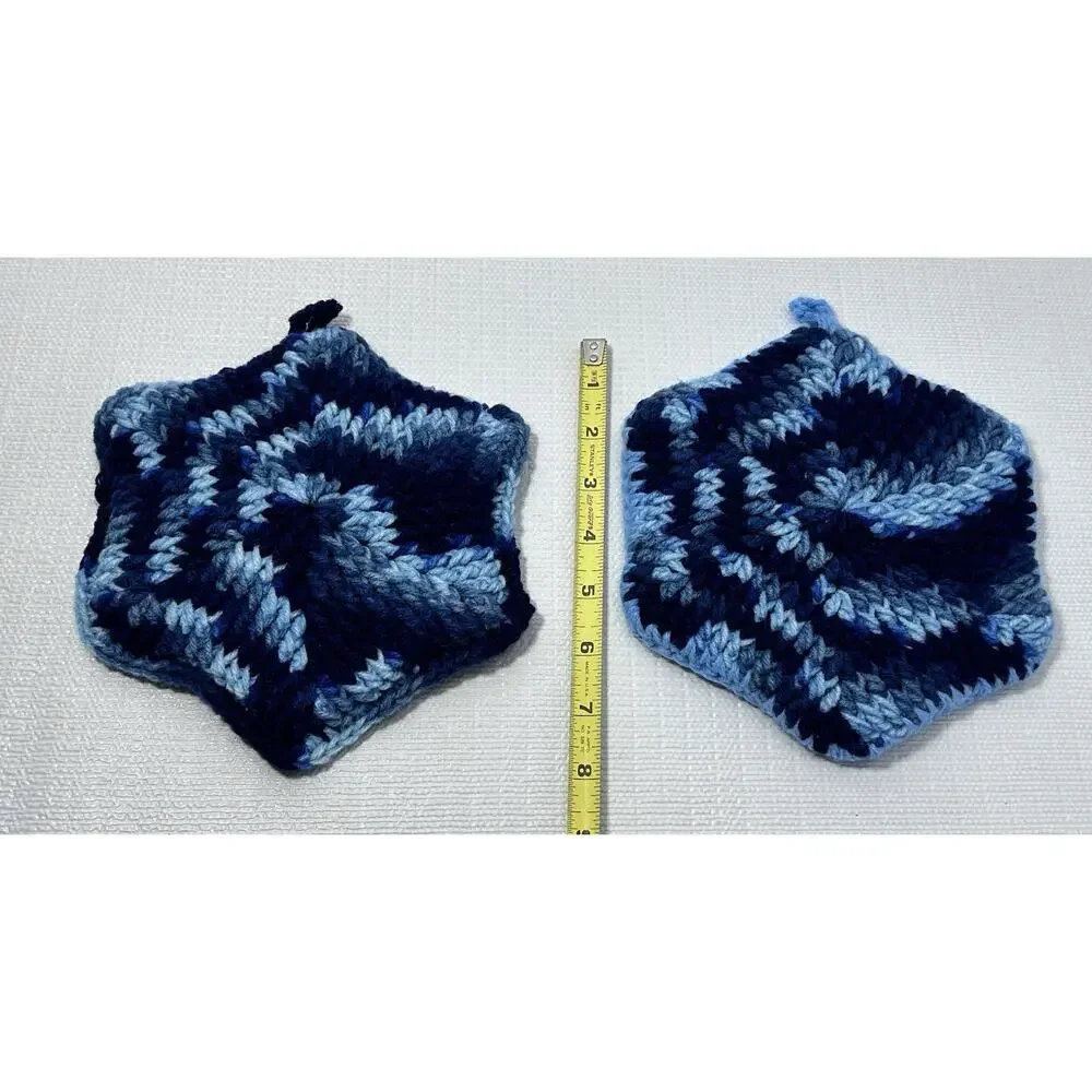 Hand Crocheted Double Thick Hot Pad Pot Holder Pair blue shades‎ VTG Granny Core